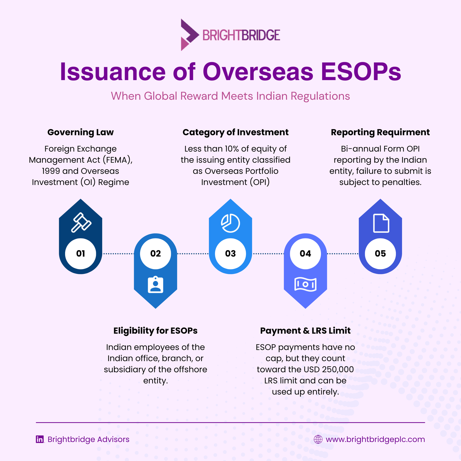 Overseas ESOPs Summary Infographic Governing Law, Eligibility, Investment Category, Payment and Reporting | BrightBridge Advisors